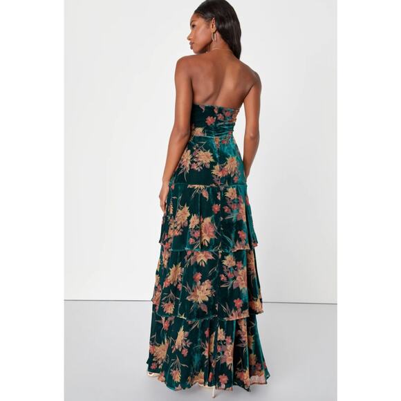 NWT Lulus Real Allure Emerald Green Burnout Velvet Floral Strapless Maxi Dress - Picture 2 of 15